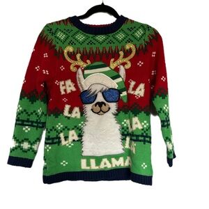 33 Degrees Medium Llama Ugly Christmas Sweater Reindeer Hat Fa La la Holiday EUC